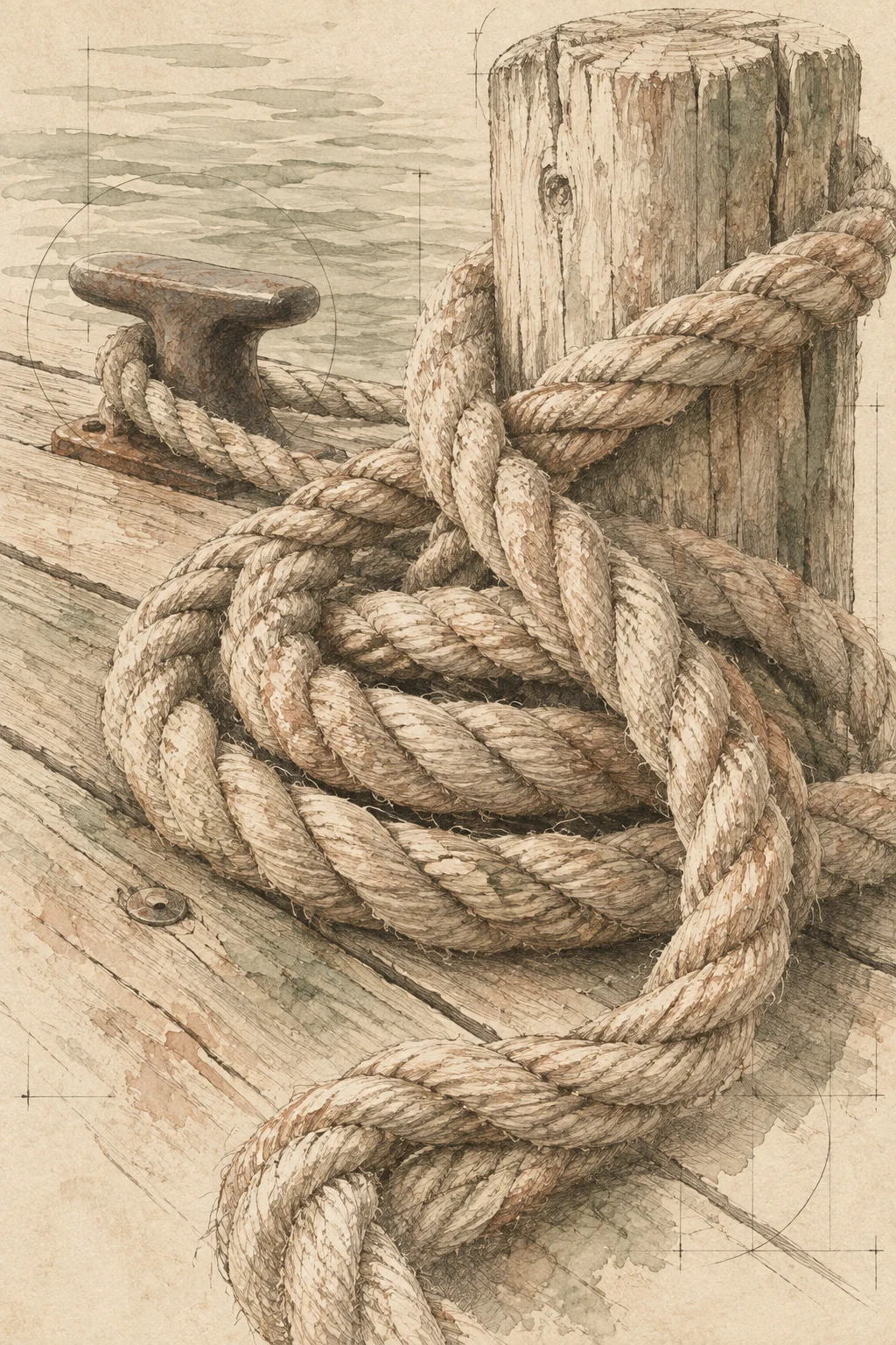 Coiled rope on a dock in cream, sand, taupe, stone; portrait artwork.