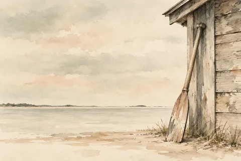 An oar leaning on a boathouse wall in cream, stone, taupe; landscape artwork.