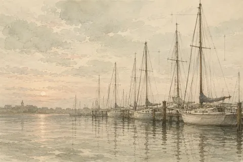 A row of sail masts in a harbor at dawn in cream, stone, sand, taupe; landscape artwork.