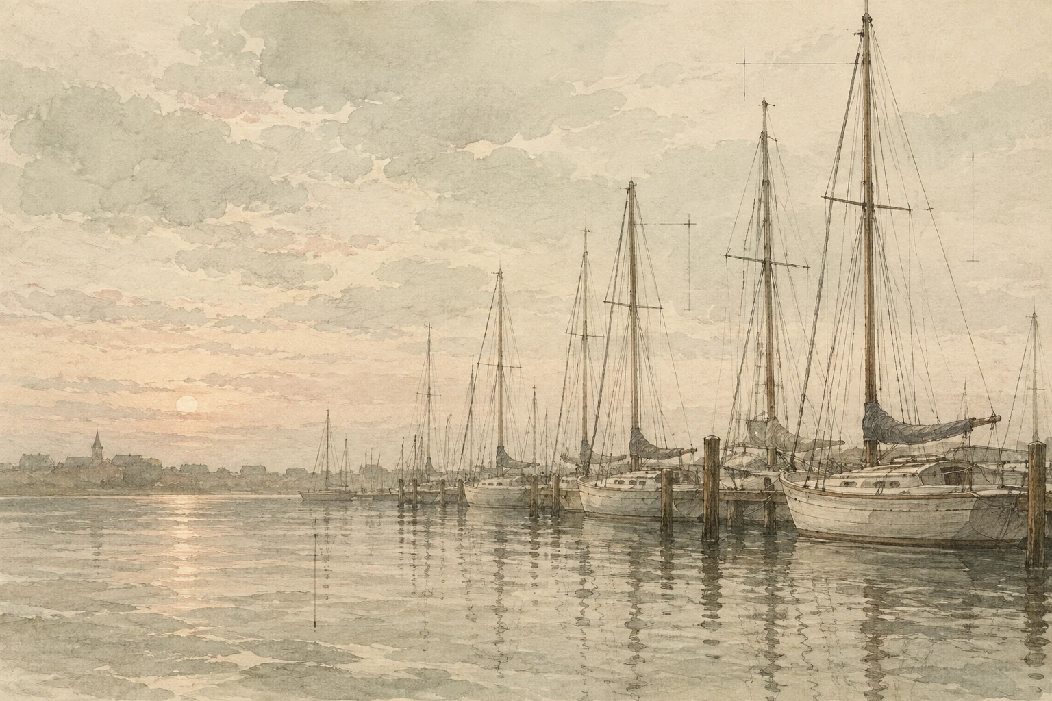 A row of sail masts in a harbor at dawn in cream, stone, sand, taupe; landscape artwork.
