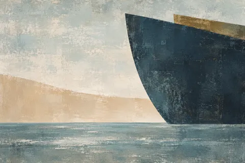 A boat hull curve entering from one edge in cream, stone, gray, navy; landscape artwork.