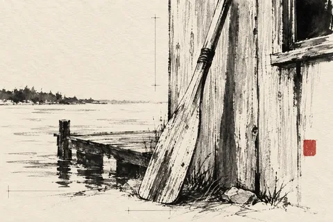 An oar leaning on a boathouse wall in cream, stone, charcoal, taupe; landscape artwork.