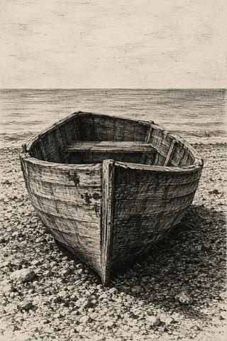 A wooden dinghy pulled up on shingle in cream, charcoal, sand, taupe; portrait artwork.
