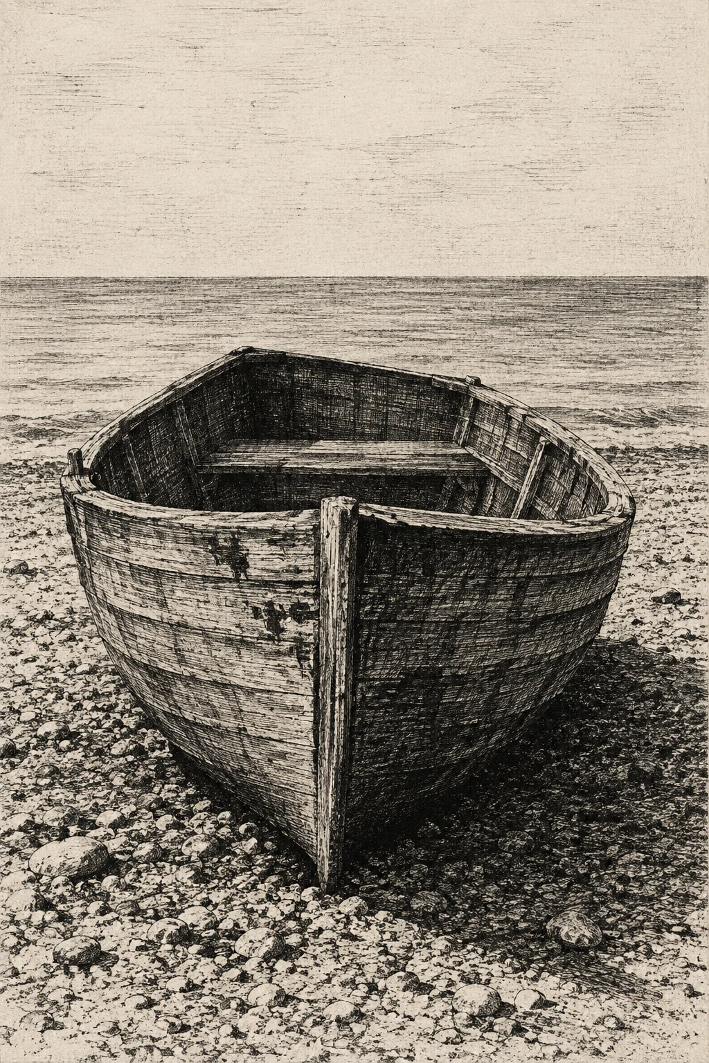 A wooden dinghy pulled up on shingle in cream, charcoal, sand, taupe; portrait artwork.
