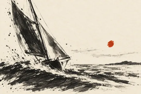 A sloop heeling in the wind in cream, charcoal, white, stone; landscape artwork.