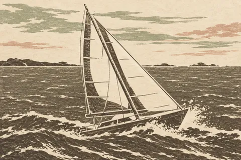 A sloop heeling in the wind in cream, taupe, sand, olive; landscape artwork.