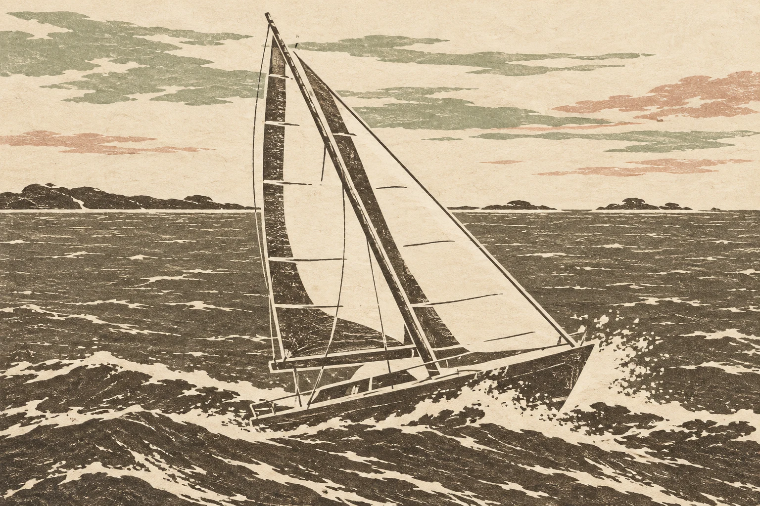 A sloop heeling in the wind in cream, taupe, sand, olive; landscape artwork.