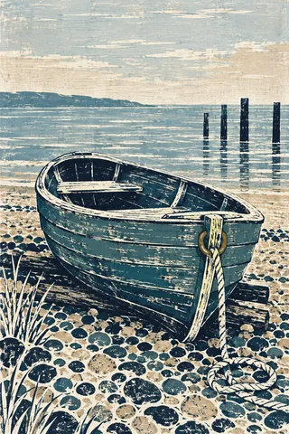 A wooden dinghy pulled up on shingle in stone, green, cream, olive; portrait artwork.