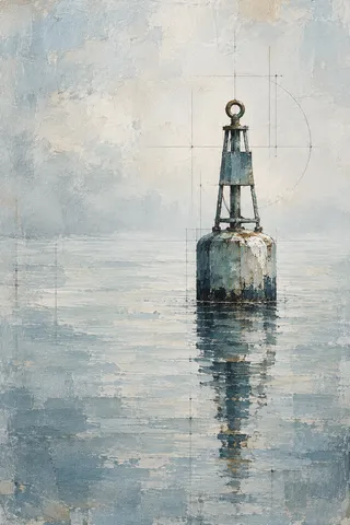 A single buoy on calm water in stone, cream, gray; portrait artwork.