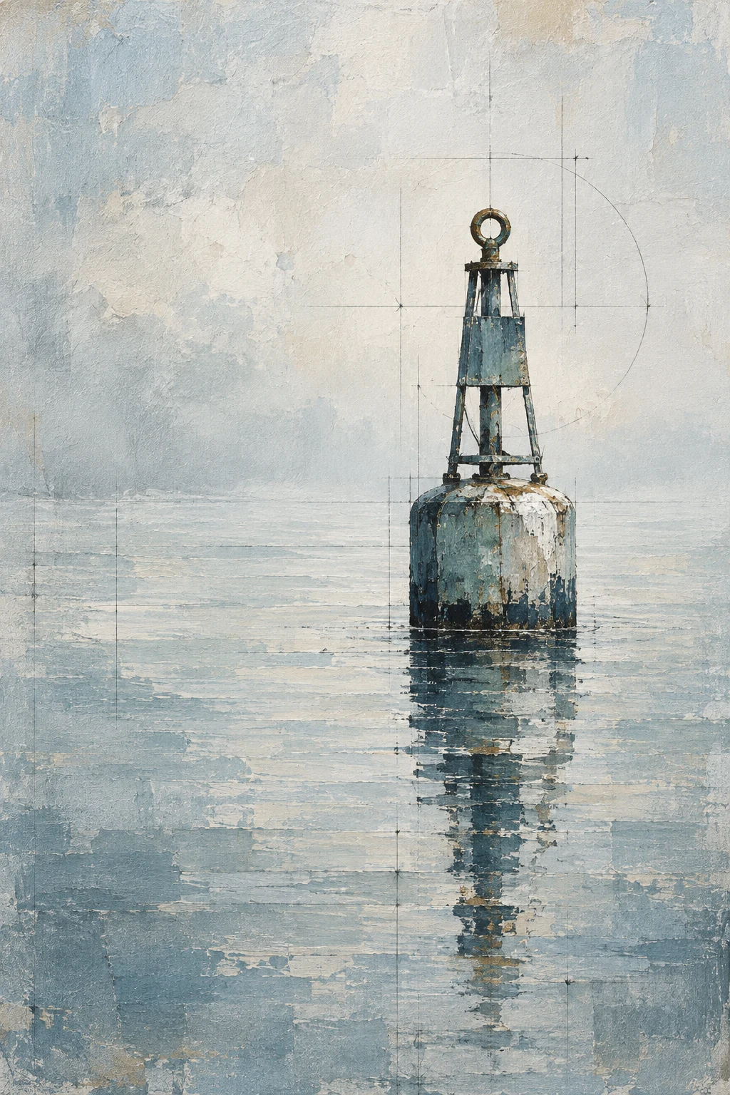A single buoy on calm water in stone, cream, gray; portrait artwork.