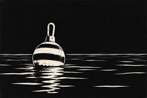 A single buoy on calm water in black, gray; landscape artwork.