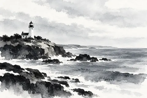 A lighthouse on a rocky point in cream, white, gray, charcoal; landscape artwork.