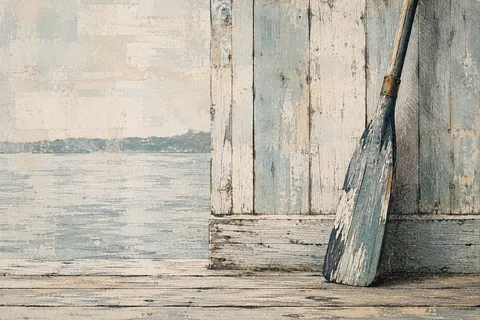 An oar leaning on a boathouse wall in stone, cream, gray, charcoal; landscape artwork.