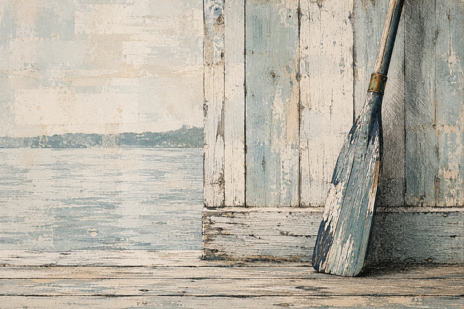 An oar leaning on a boathouse wall in stone, cream, gray, charcoal; landscape artwork.