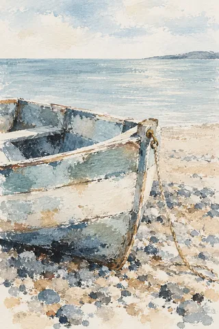 A wooden dinghy pulled up on shingle in cream, stone, gray, charcoal; portrait artwork.
