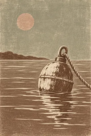 A single buoy on calm water in sage, sand, taupe, olive; portrait artwork.