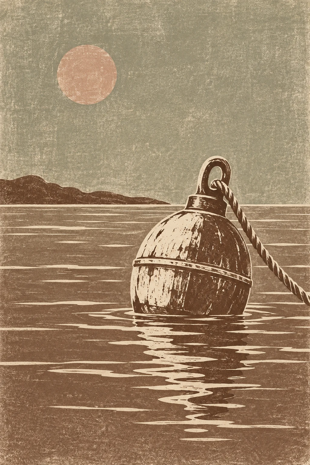 A single buoy on calm water in sage, sand, taupe, olive; portrait artwork.