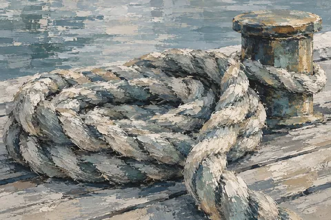 Coiled rope on a dock in gray, stone, charcoal, sand; landscape artwork.