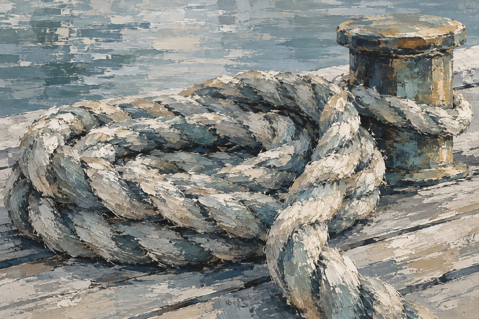 Coiled rope on a dock in gray, stone, charcoal, sand; landscape artwork.