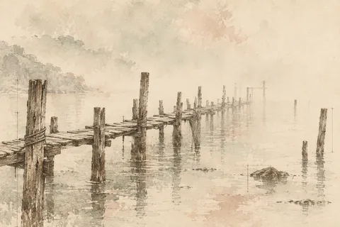 A wooden pier of thin posts marching into fog in cream, sand, stone, taupe; landscape artwork.
