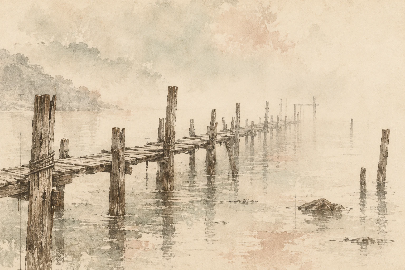 A wooden pier of thin posts marching into fog in cream, sand, stone, taupe; landscape artwork.