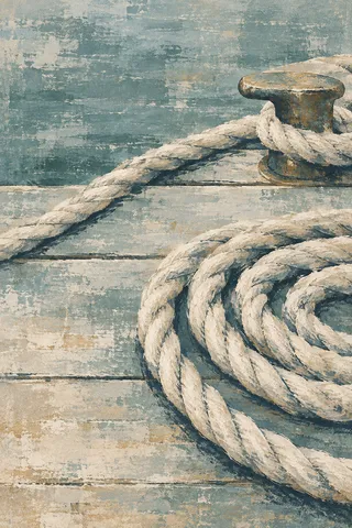 Coiled rope on a dock in stone, gray, cream, charcoal; portrait artwork.