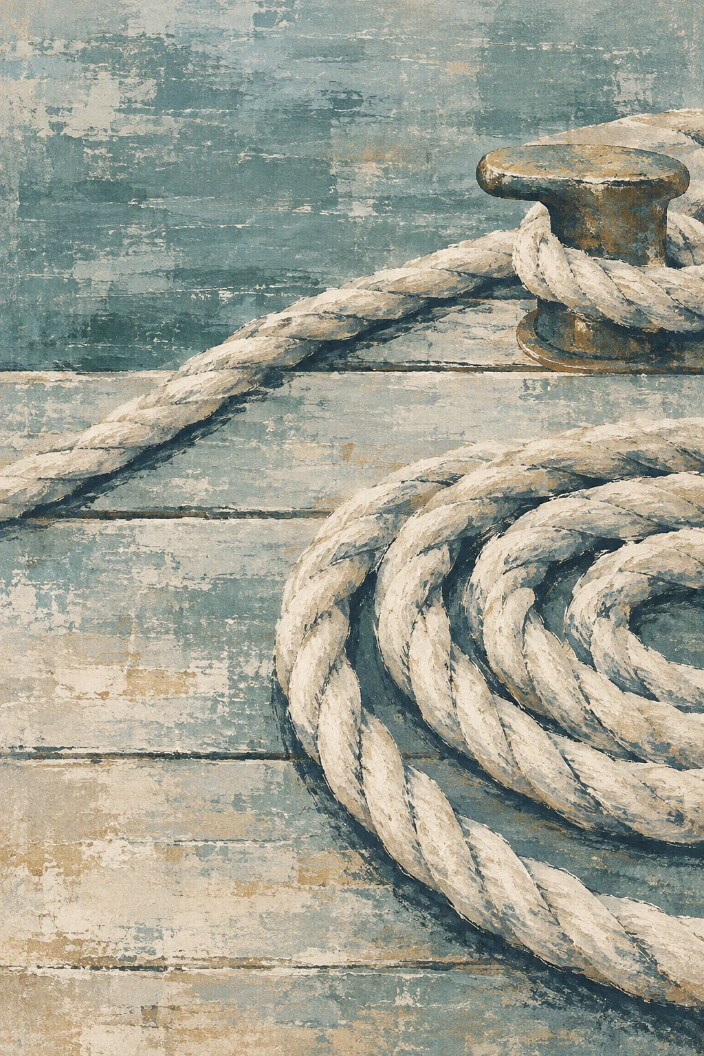 Coiled rope on a dock in stone, gray, cream, charcoal; portrait artwork.