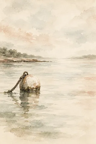 A single buoy on calm water in cream, white, sage; portrait artwork.