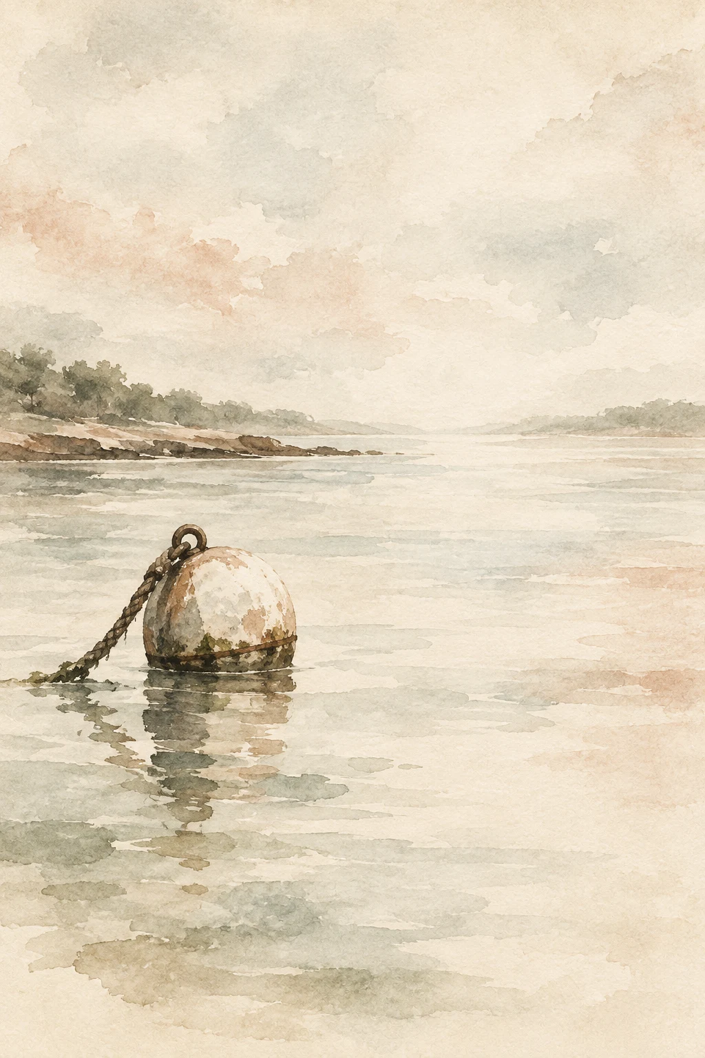 A single buoy on calm water in cream, white, sage; portrait artwork.