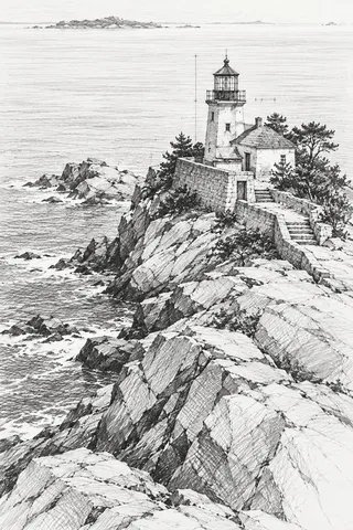 A lighthouse on a rocky point in white, stone, cream, gray; portrait artwork.