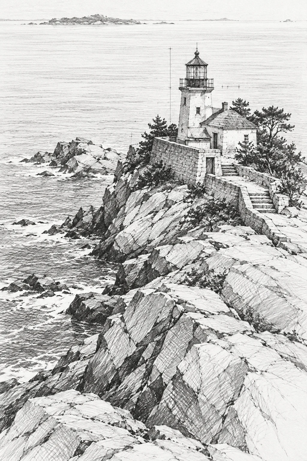 A lighthouse on a rocky point in white, stone, cream, gray; portrait artwork.