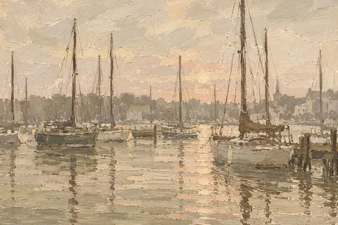 A row of sail masts in a harbor at dawn in stone, sand, sage, cream; landscape artwork.