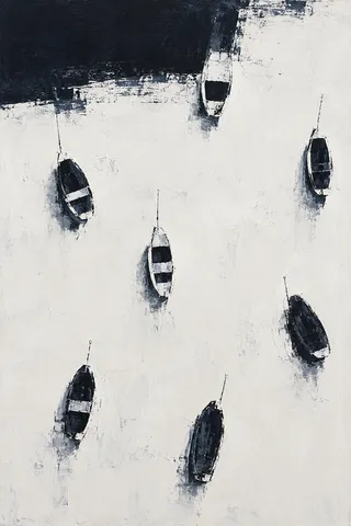 A row of small boats at rest, from above in cream, black, gray; portrait artwork.