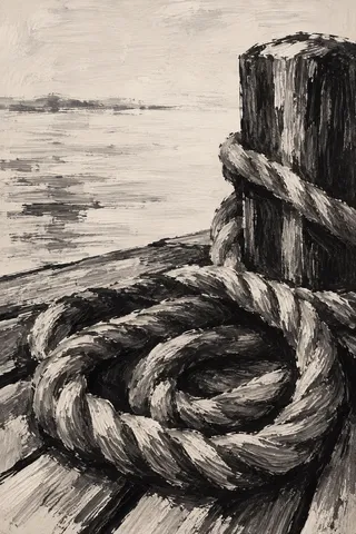 Coiled rope on a dock in cream, black, charcoal, gray; portrait artwork.