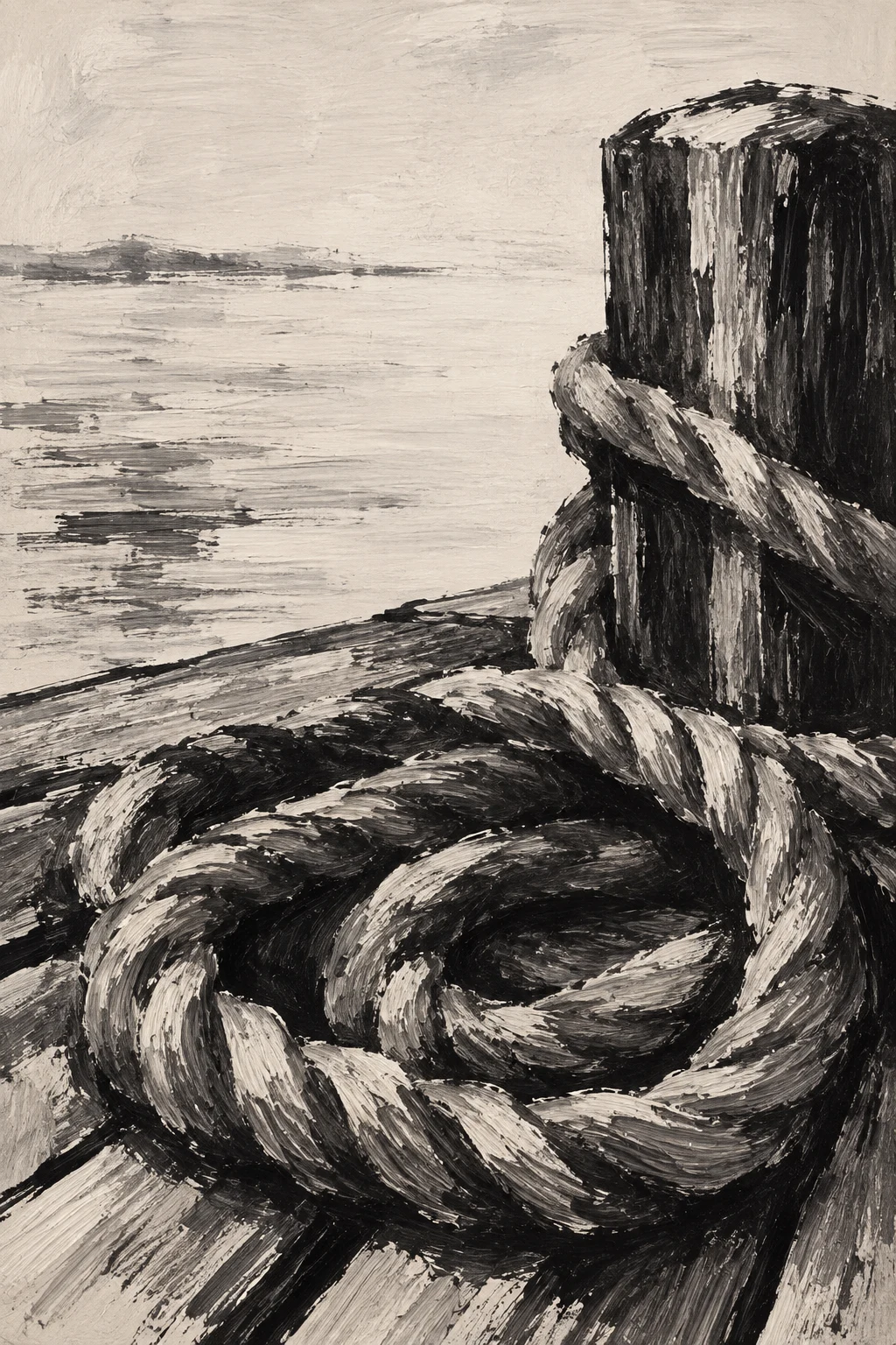 Coiled rope on a dock in cream, black, charcoal, gray; portrait artwork.