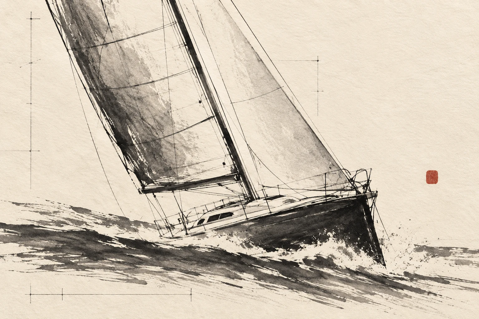 A sloop heeling in the wind in cream, gray, charcoal, stone; landscape artwork.