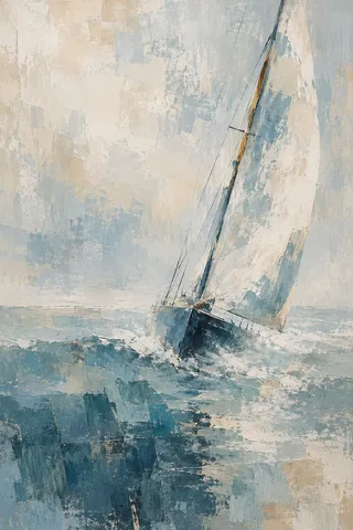 A sloop heeling in the wind in stone, cream, gray, teal; portrait artwork.