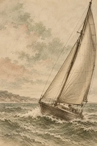 A sloop heeling in the wind in stone, sand, taupe, olive; portrait artwork.