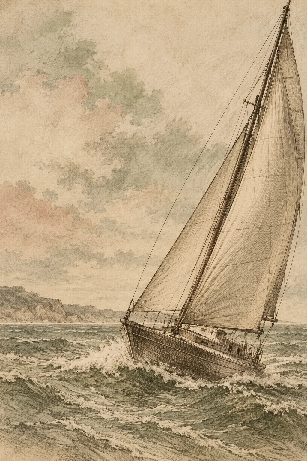 A sloop heeling in the wind in stone, sand, taupe, olive; portrait artwork.