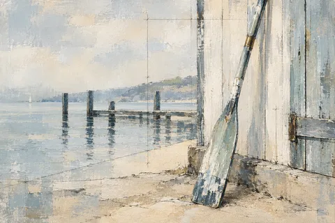 An oar leaning on a boathouse wall in stone, cream, gray; landscape artwork.