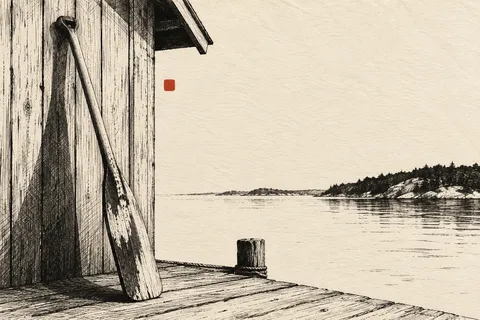 An oar leaning on a boathouse wall in cream, charcoal, stone, taupe; landscape artwork.