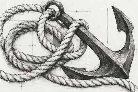 An anchor rope coiled in white, gray, cream, stone; landscape artwork.