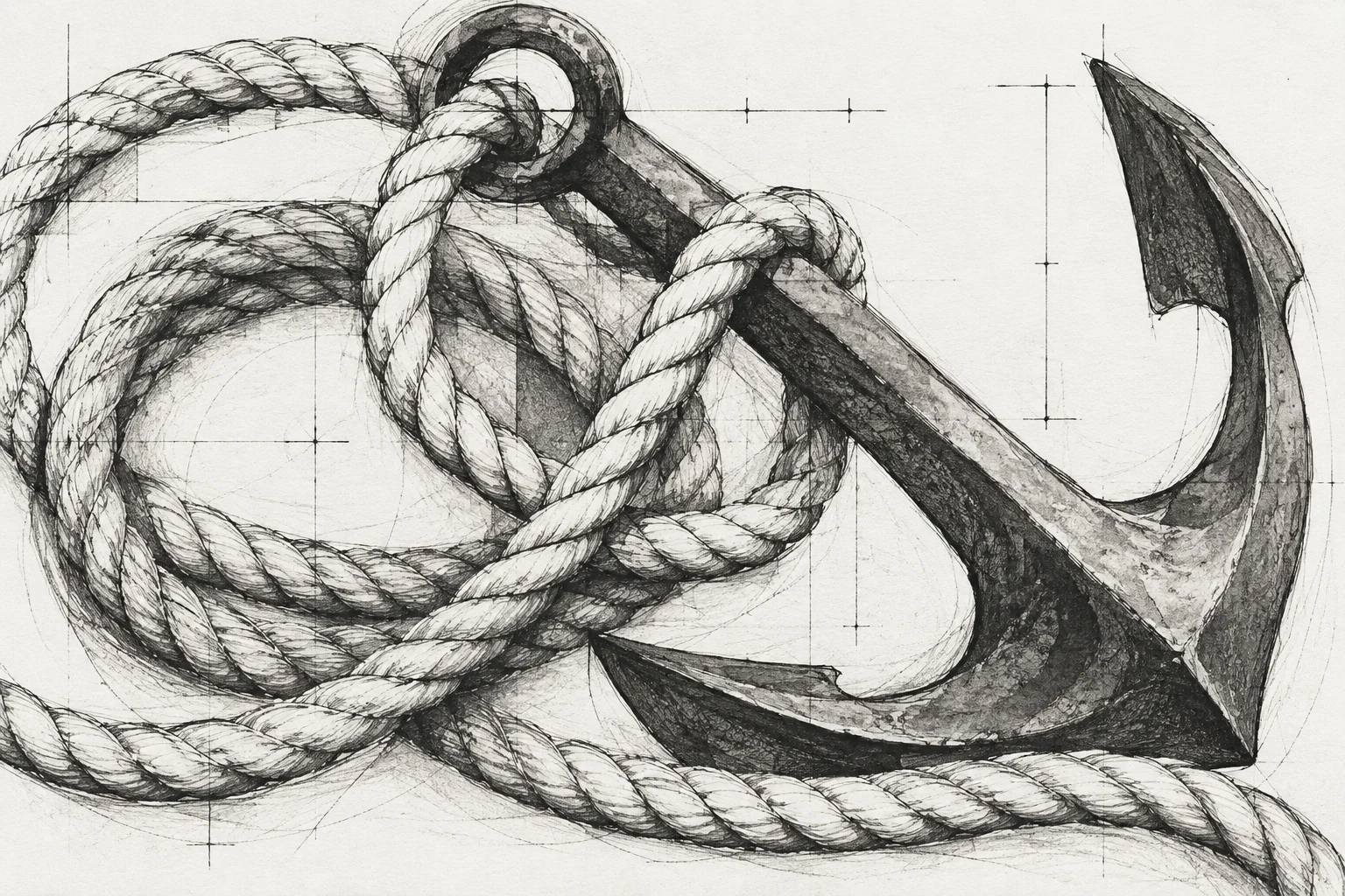 An anchor rope coiled in white, gray, cream, stone; landscape artwork.