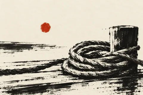 Coiled rope on a dock in cream, white, black, gray; landscape artwork.