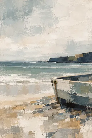 A wooden dinghy pulled up on shingle in cream, stone, gray, charcoal; portrait artwork.