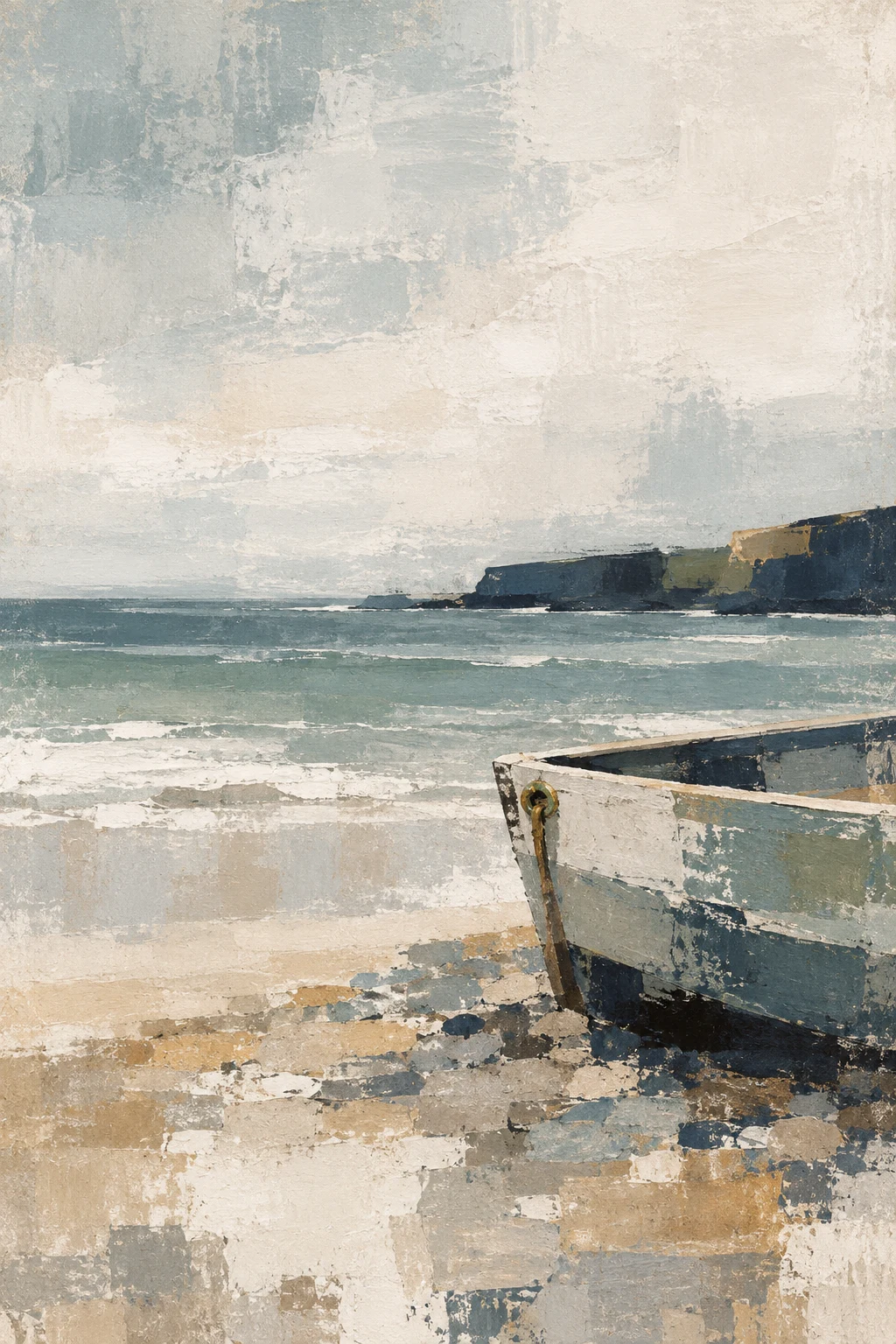 A wooden dinghy pulled up on shingle in cream, stone, gray, charcoal; portrait artwork.