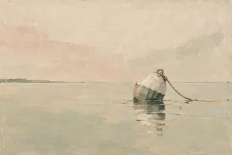 A single buoy on calm water in stone, cream, sand; landscape artwork.