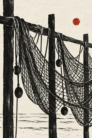 Fishing nets drying on a rail in cream, black, gray, white; portrait artwork.