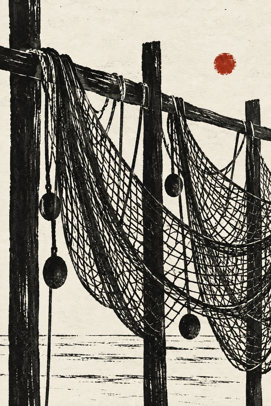Fishing nets drying on a rail in cream, black, gray, white; portrait artwork.