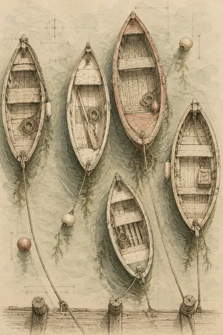 A row of small boats at rest, from above in stone, sand, cream, taupe; portrait artwork.